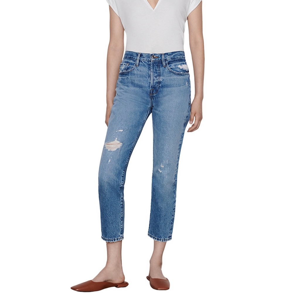 FRAME Le Original High Rise Cropped‎ Straight Leg Jeans in Bluejay Rips